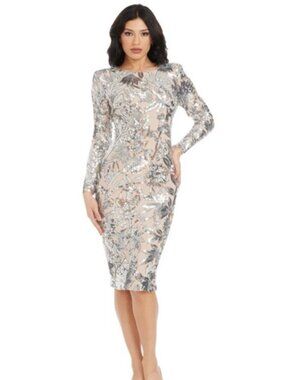 Dress The Population Emmalyn Silver Nude Sequin Midi Dress